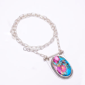 COPPER PINK DAHLIA TURQUOISE - KINGMAN 925 STERLING SILVER CHAIN PENDANT 19-23" - CP_9262_369_31