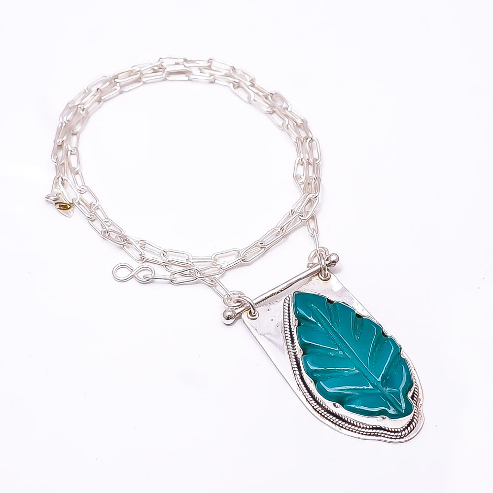 CARVED  GREEN ONYX  925 STERLING SILVER CHAIN PENDANT 19-23" - CP_9262_369_35