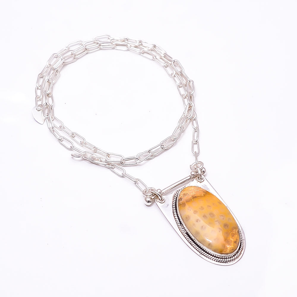 FOSSIL CORAL - INDONESIA 925 STERLING SILVER CHAIN PENDANT 19-23" - CP_9262_369_39