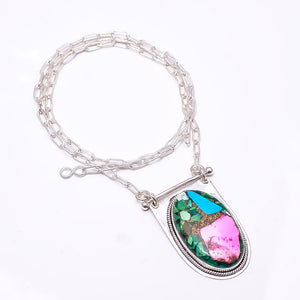 COPPER PINK DAHLIA TURQUOISE - KINGMAN 925 STERLING SILVER CHAIN PENDANT 19-23" - CP_9262_369_4