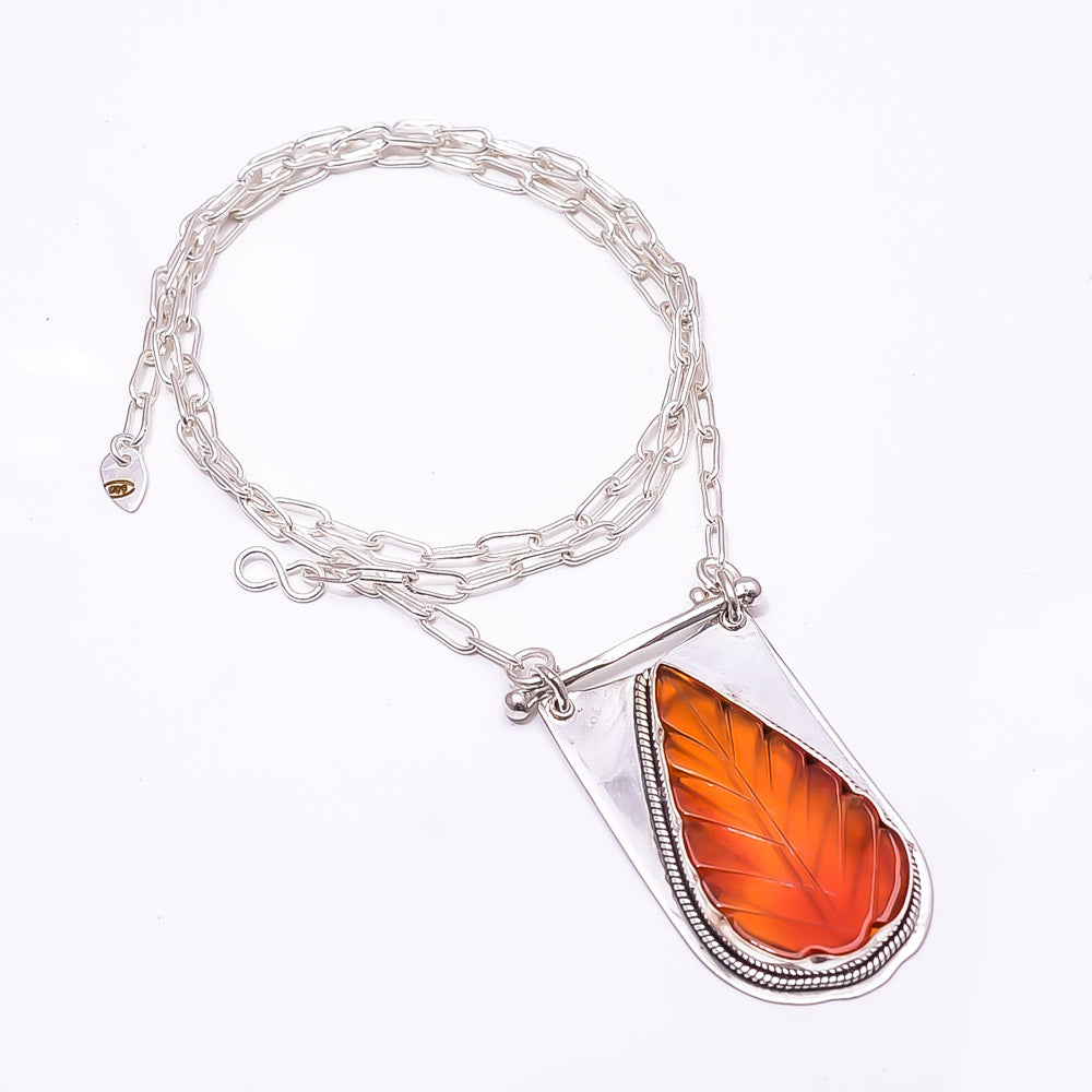 CARVED CARNELIAN - BRAZIL 925 STERLING SILVER CHAIN PENDANT 19-23" - CP_9262_369_56