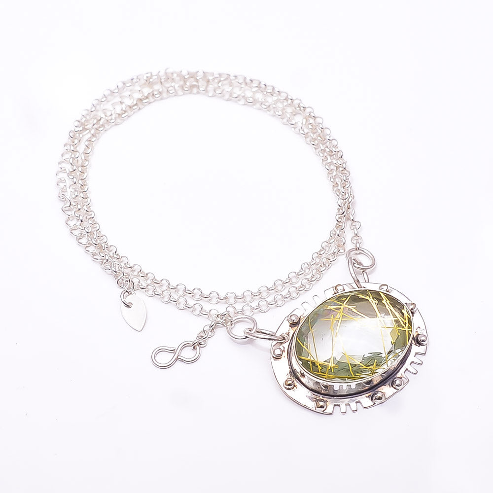 GOLDEN RUTILATED QUARTZ - SIMULATED 925 STERLING SILVER CHAIN PENDANT 19-23" - CP_9353_368_13