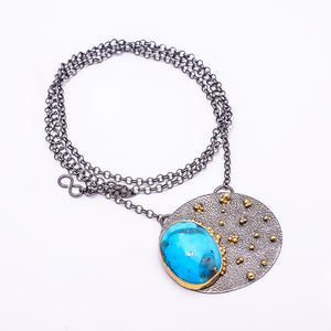 PERSIAN TURQUOISE - NEYSHABOOR BLACK AND GOLD RHODIUM 925 STERLING SILVER CHAIN PENDANT 18-22" - CP_9434_202_11
