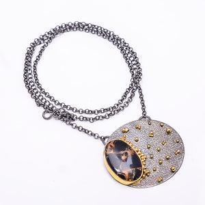 COPPER BLACK OBSIDIAN BLACK AND GOLD RHODIUM 925 STERLING SILVER CHAIN PENDANT 18-22" - CP_9434_202_12