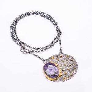 CHEVRON AMETHYST - MASHAMBA BLACK AND GOLD RHODIUM 925 STERLING SILVER CHAIN PENDANT 18-22" - CP_9434_202_13