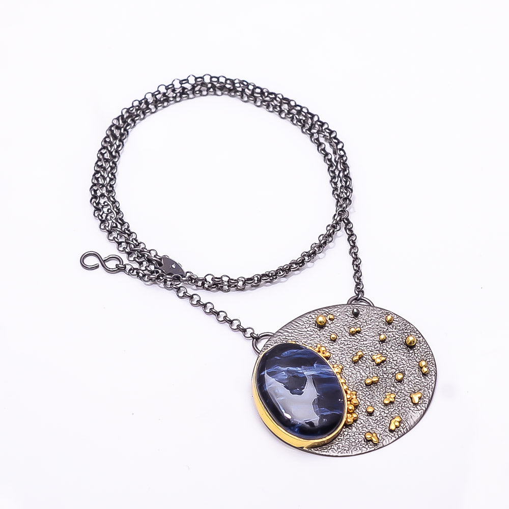 PIETERSITE - NAMIBEA BLACK AND GOLD RHODIUM 925 STERLING SILVER CHAIN PENDANT 18-22" - CP_9434_202_14
