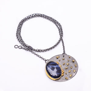 PIETERSITE - NAMIBEA BLACK AND GOLD RHODIUM 925 STERLING SILVER CHAIN PENDANT 18-22" - CP_9434_202_14