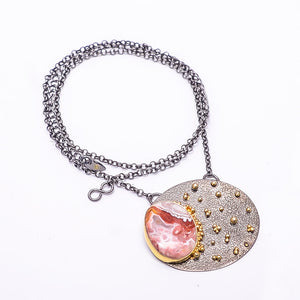 CRAZY LACE AGATE - AUSTRALIA BLACK AND GOLD RHODIUM 925 STERLING SILVER CHAIN PENDANT 18-22" - CP_9434_202_19