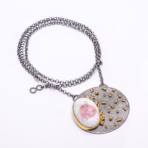 PINK RUBELLITE TOURMALINE IN QUARTZ - BRAZIL BLACK AND GOLD RHODIUM 925 STERLING SILVER CHAIN PENDANT 18-22" - CP_9434_202_20