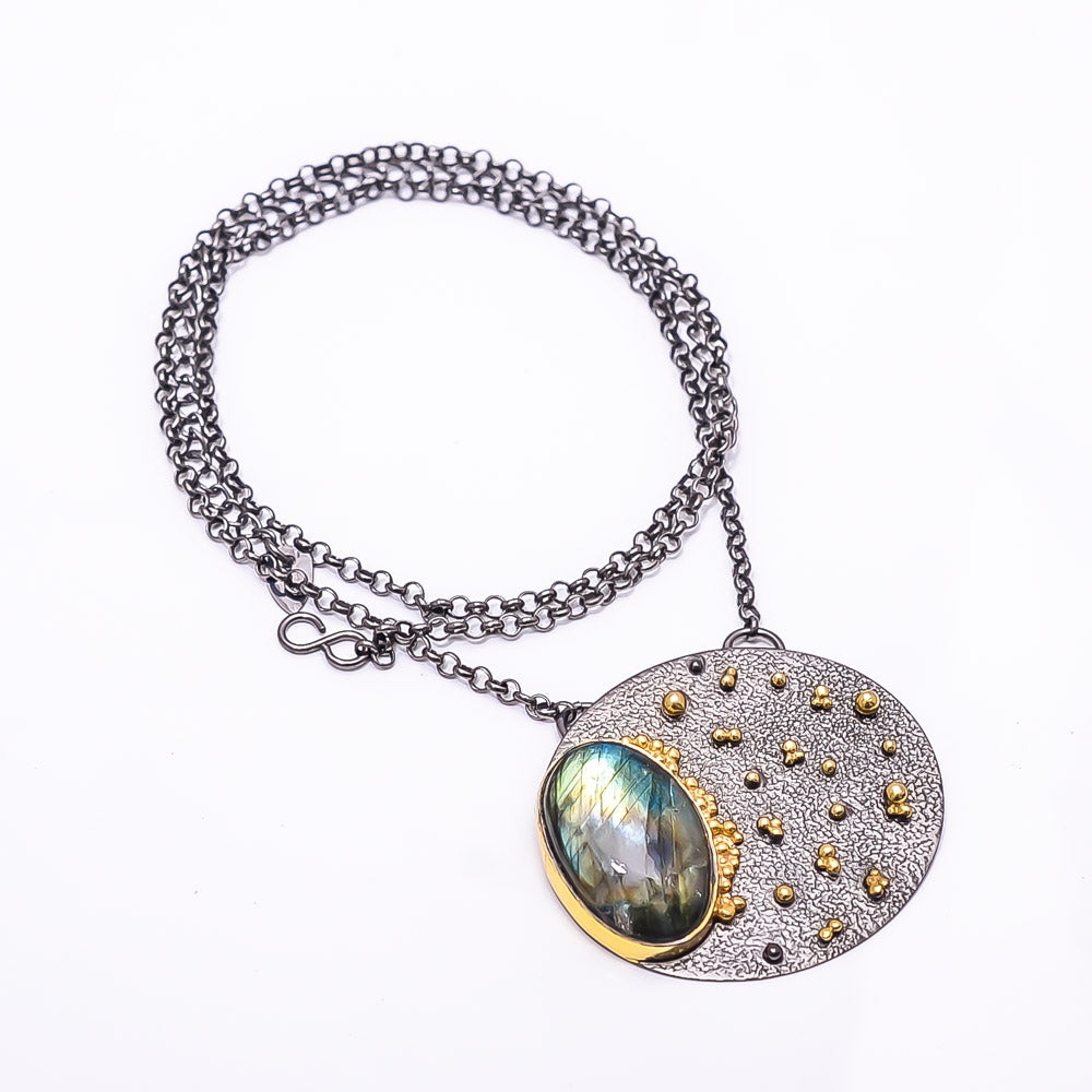 LABRADORITE - MADAGASCAR BLACK AND GOLD RHODIUM 925 STERLING SILVER CHAIN PENDANT 18-22" - CP_9434_202_23