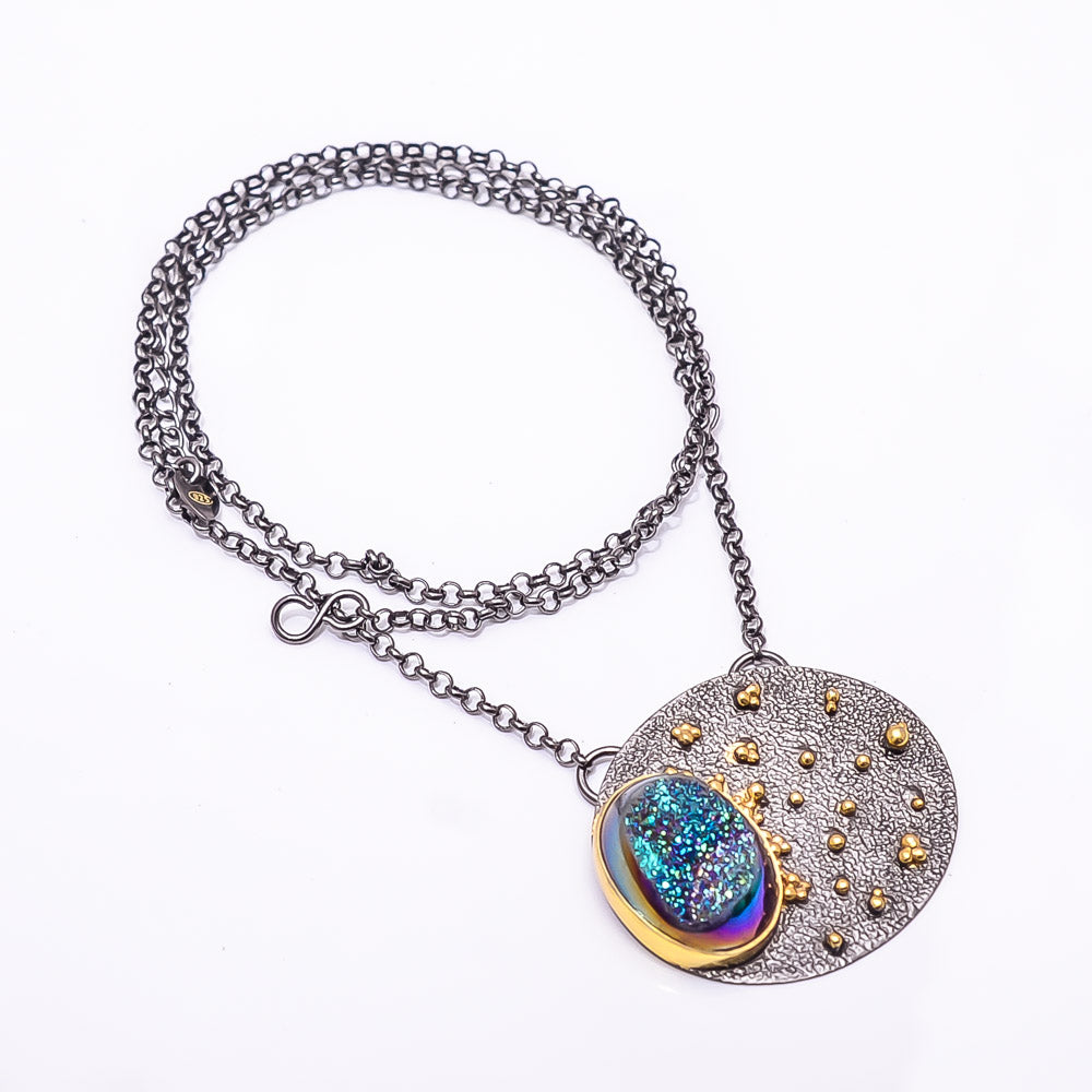 PEACOCK TITANIUM AGATE DRUSY BLACK AND GOLD RHODIUM 925 STERLING SILVER CHAIN PENDANT 18-22" - CP_9434_202_25