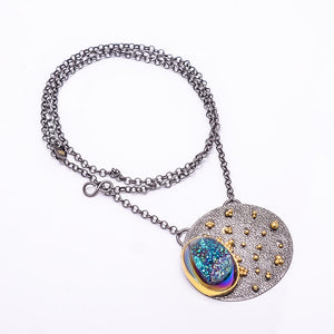 PEACOCK TITANIUM AGATE DRUSY BLACK AND GOLD RHODIUM 925 STERLING SILVER CHAIN PENDANT 18-22" - CP_9434_202_25