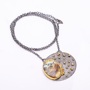 CHROME CHALCEDONY / MTOROLITE - ZIMBABWE  BLACK AND GOLD RHODIUM 925 STERLING SILVER CHAIN PENDANT 18-22" - CP_9434_202_26