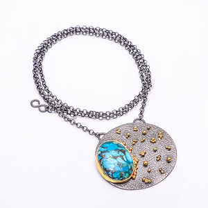 COPPER BLUE TURQUOISE BLACK AND GOLD RHODIUM 925 STERLING SILVER CHAIN PENDANT 18-22" - CP_9434_202_2
