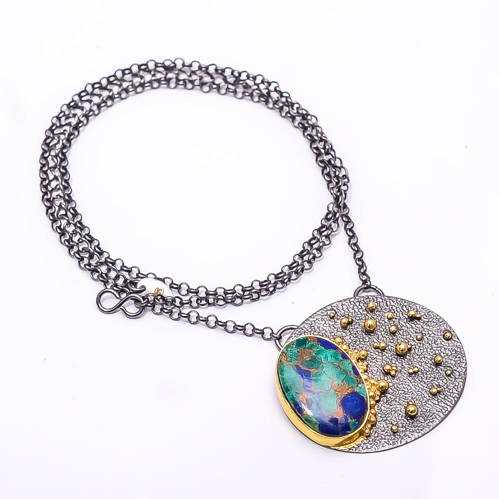 COPPER AZURITE CHRYSOCOLLA BLACK AND GOLD RHODIUM 925 STERLING SILVER CHAIN PENDANT 18-22" - CP_9434_202_34