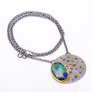 COPPER AZURITE CHRYSOCOLLA BLACK AND GOLD RHODIUM 925 STERLING SILVER CHAIN PENDANT 18-22" - CP_9434_202_34