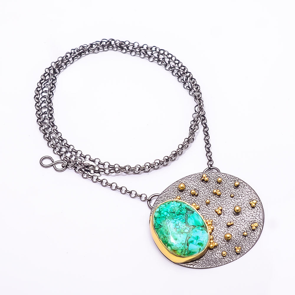 MAGNESITE TURQUOISE BLACK AND GOLD RHODIUM 925 STERLING SILVER CHAIN PENDANT 18-22" - CP_9434_202_38