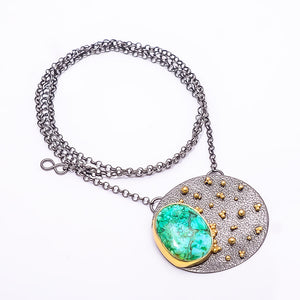 MAGNESITE TURQUOISE BLACK AND GOLD RHODIUM 925 STERLING SILVER CHAIN PENDANT 18-22" - CP_9434_202_38