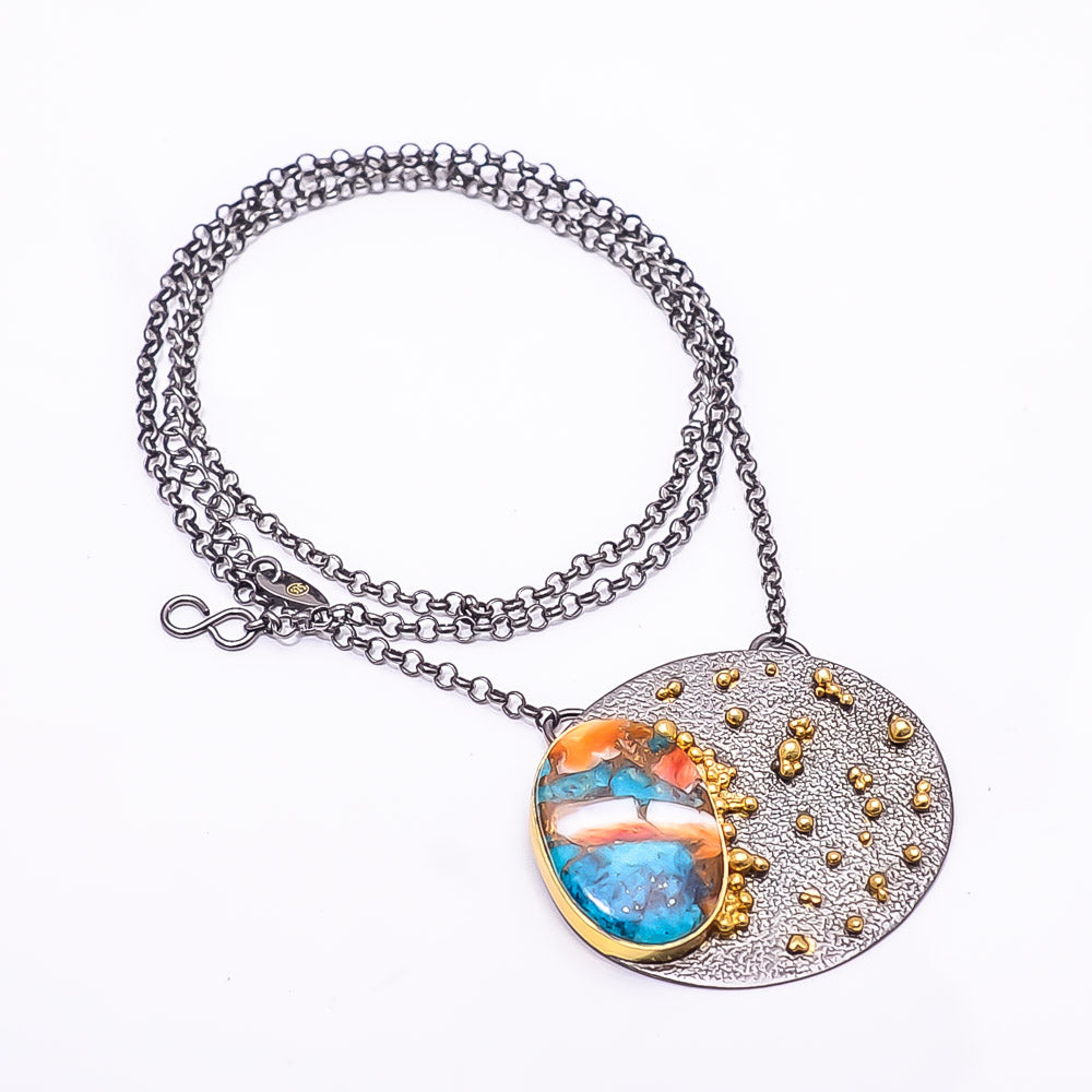 COPPER SPINY OYSTER ARIZONA TURQUOISE BLACK AND GOLD RHODIUM 925 STERLING SILVER CHAIN PENDANT 18-22" - CP_9434_202_3