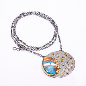 COPPER SPINY OYSTER ARIZONA TURQUOISE BLACK AND GOLD RHODIUM 925 STERLING SILVER CHAIN PENDANT 18-22" - CP_9434_202_3