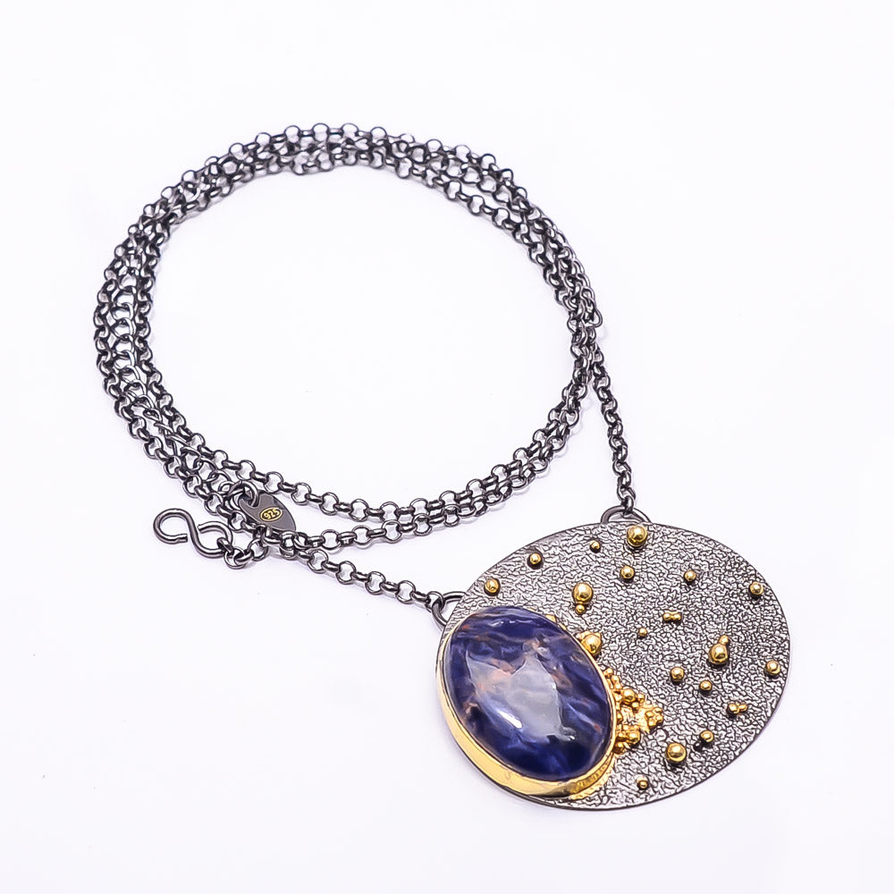 ORANGE SODALITE - MINAS GERAIS BLACK AND GOLD RHODIUM 925 STERLING SILVER CHAIN PENDANT 18-22" - CP_9434_202_41
