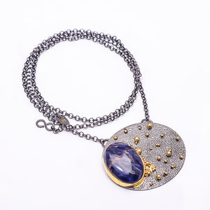 ORANGE SODALITE - MINAS GERAIS BLACK AND GOLD RHODIUM 925 STERLING SILVER CHAIN PENDANT 18-22" - CP_9434_202_41