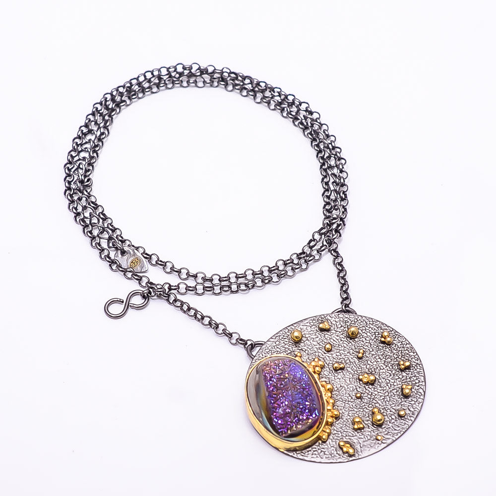 PURPLE TITANIUM AGATE DRUSY BLACK AND GOLD RHODIUM 925 STERLING SILVER CHAIN PENDANT 18-22" - CP_9434_202_43