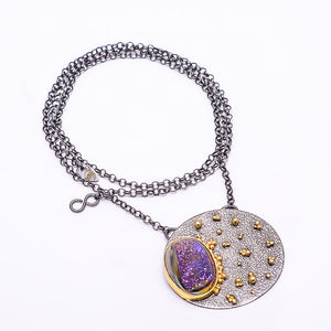 PURPLE TITANIUM AGATE DRUSY BLACK AND GOLD RHODIUM 925 STERLING SILVER CHAIN PENDANT 18-22" - CP_9434_202_43