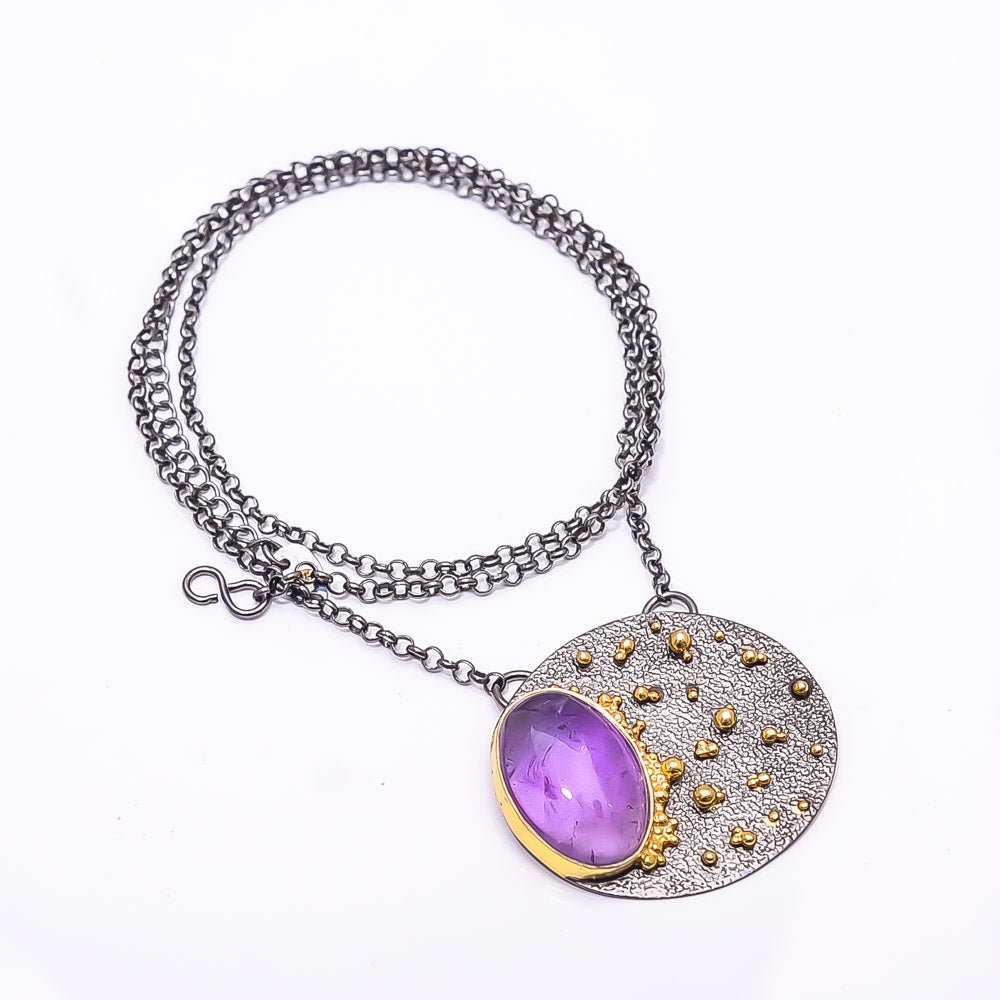 PURPLE AMETHYST - BRAZIL (PURPLE)  BLACK AND GOLD RHODIUM 925 STERLING SILVER CHAIN PENDANT 18-22" - CP_9434_202_49