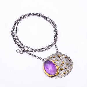 PURPLE AMETHYST - BRAZIL (PURPLE)  BLACK AND GOLD RHODIUM 925 STERLING SILVER CHAIN PENDANT 18-22" - CP_9434_202_49