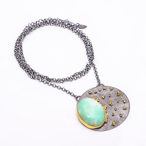 MINT CHRYSOPRASE - AUSTRALIA BLACK AND GOLD RHODIUM 925 STERLING SILVER CHAIN PENDANT 18-22" - CP_9434_202_4