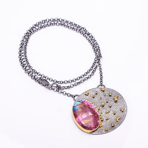 COPPER PINK DAHLIA TURQUOISE - KINGMAN BLACK AND GOLD RHODIUM 925 STERLING SILVER CHAIN PENDANT 18-22" - CP_9434_202_51