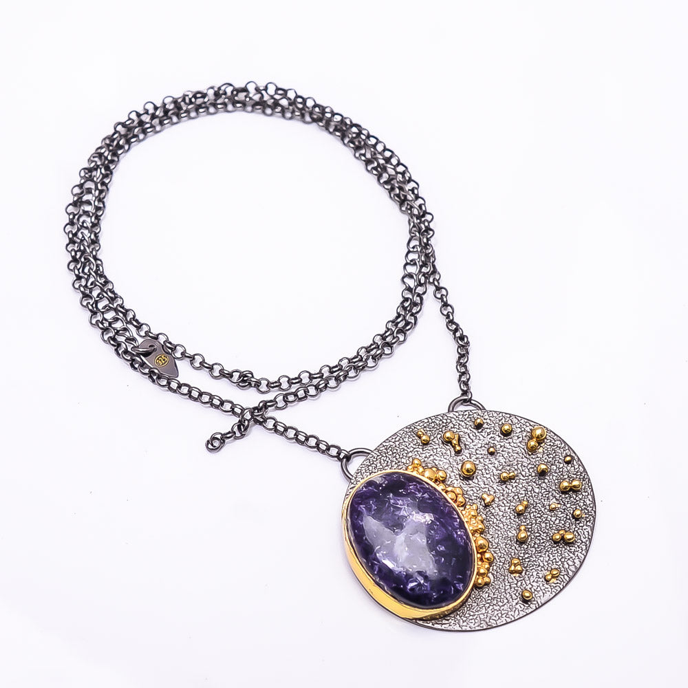 LEPIDOLITE - SAN DIEGO BLACK AND GOLD RHODIUM 925 STERLING SILVER CHAIN PENDANT 18-22" - CP_9434_202_52