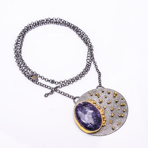 LEPIDOLITE - SAN DIEGO BLACK AND GOLD RHODIUM 925 STERLING SILVER CHAIN PENDANT 18-22" - CP_9434_202_52