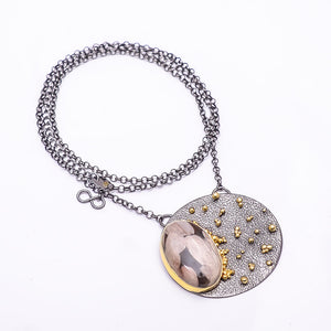 PETRIFIED PEANUT WOOD JASPER - AUSTRALIA BLACK AND GOLD RHODIUM 925 STERLING SILVER CHAIN PENDANT 18-22" - CP_9434_202_54