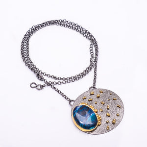 MALACHITE IN CHRYSOCOLLA - CONGO  BLACK AND GOLD RHODIUM 925 STERLING SILVER CHAIN PENDANT 18-22" - CP_9434_202_55