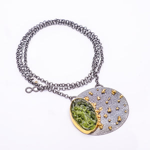 MOLDAVITE - SIMULATED BLACK AND GOLD RHODIUM 925 STERLING SILVER CHAIN PENDANT 18-22" - CP_9434_202_57