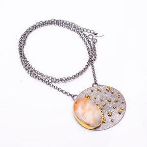 ORANGE CALCITE- PERU  BLACK AND GOLD RHODIUM 925 STERLING SILVER CHAIN PENDANT 18-22" - CP_9434_202_60