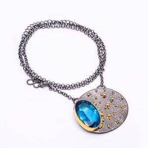 LONDON BLUE TOPAZ - SIMULATED BLACK AND GOLD RHODIUM 925 STERLING SILVER CHAIN PENDANT 18-22" - CP_9434_202_62