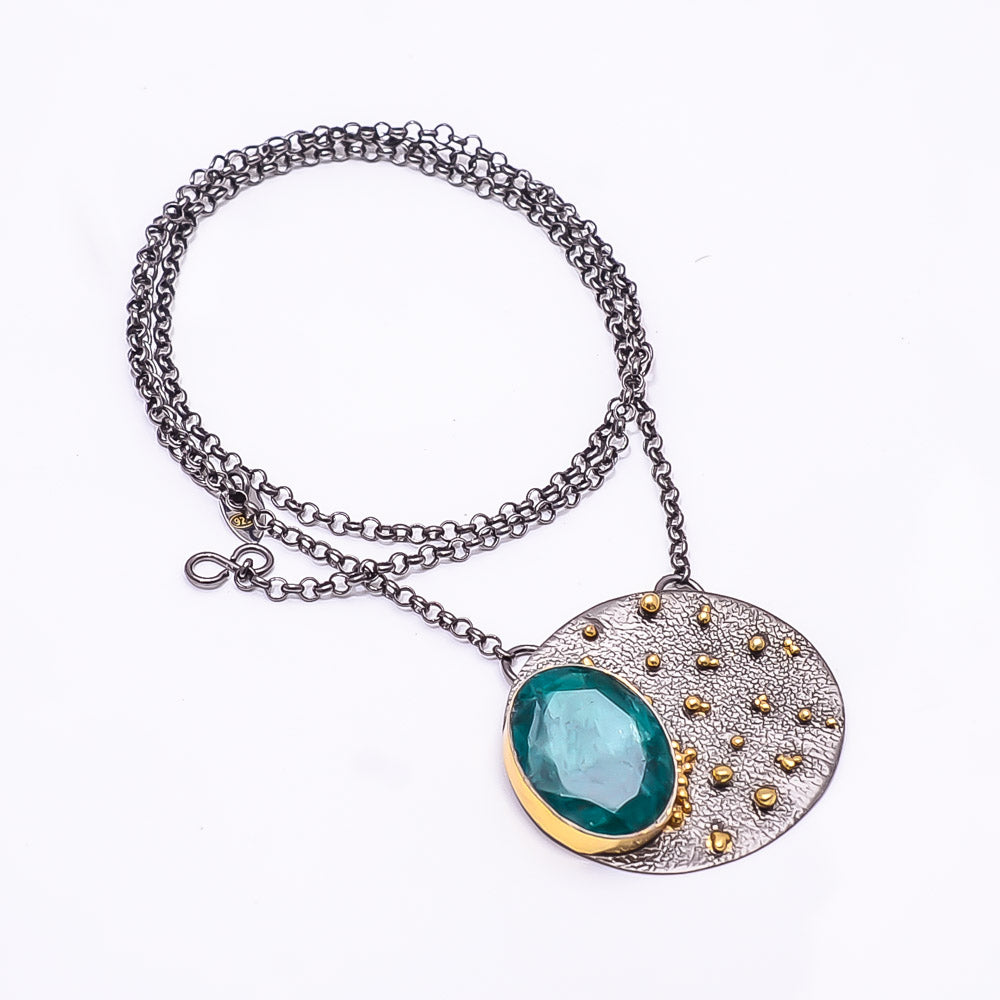 EMERLAD QUARTZ - DYED QUARTZ BLACK AND GOLD RHODIUM 925 STERLING SILVER CHAIN PENDANT 18-22" - CP_9434_202_64