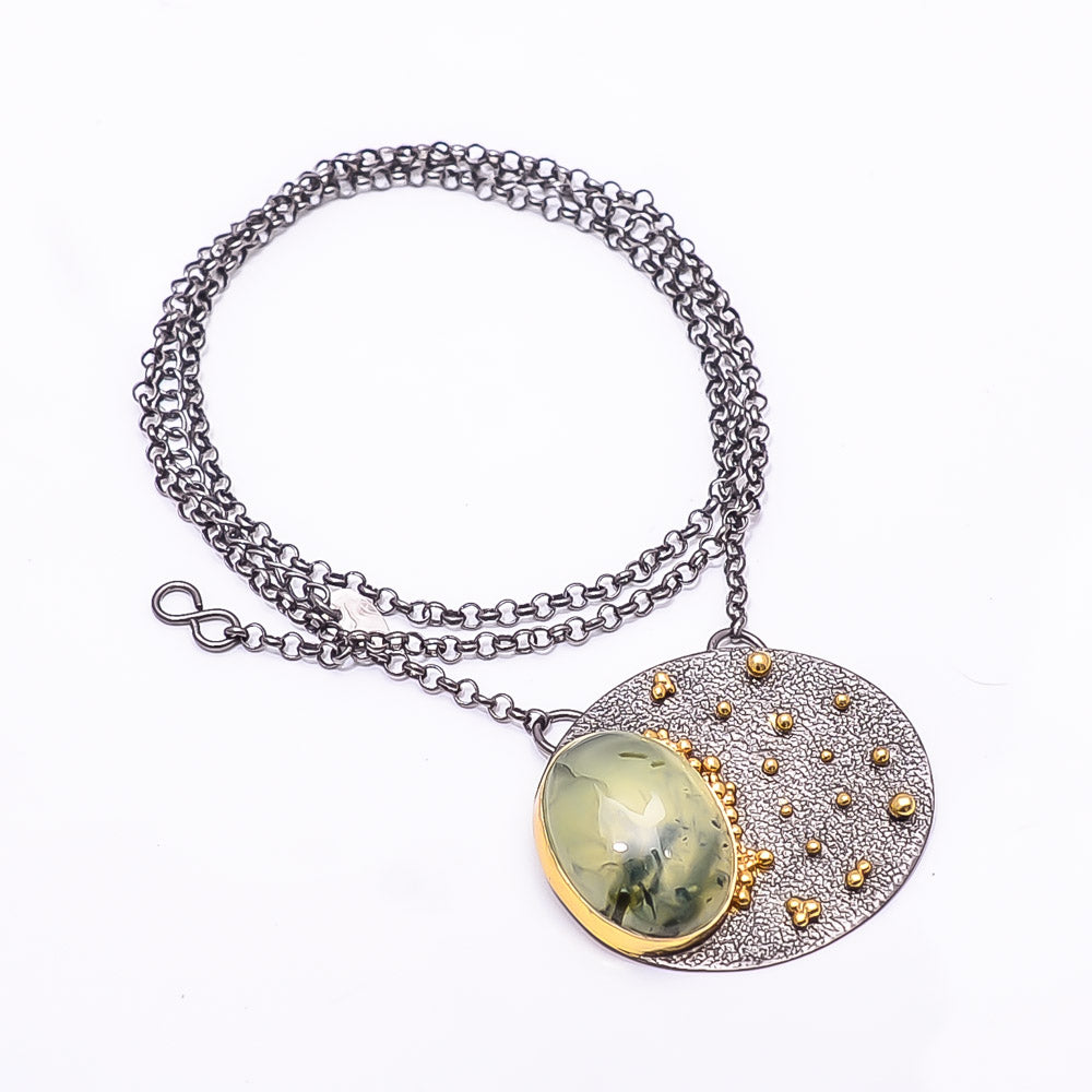 MOSS PREHNITE - SOUTH AFRICA BLACK AND GOLD RHODIUM 925 STERLING SILVER CHAIN PENDANT 18-22" - CP_9434_202_7