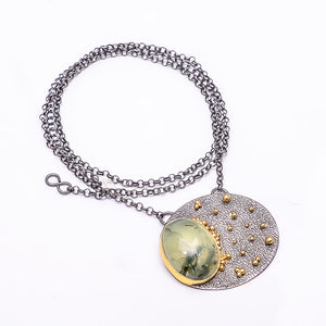 MOSS PREHNITE - SOUTH AFRICA BLACK AND GOLD RHODIUM 925 STERLING SILVER CHAIN PENDANT 18-22" - CP_9434_202_7