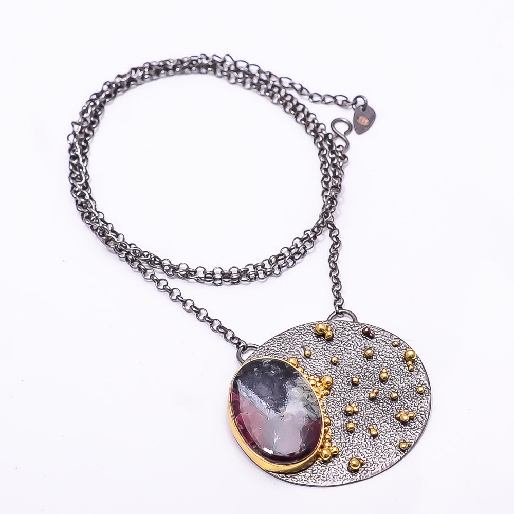 EUDIALYTE - RUSSIA BLACK AND GOLD RHODIUM 925 STERLING SILVER CHAIN PENDANT 18-22" - CP_9434_202_8
