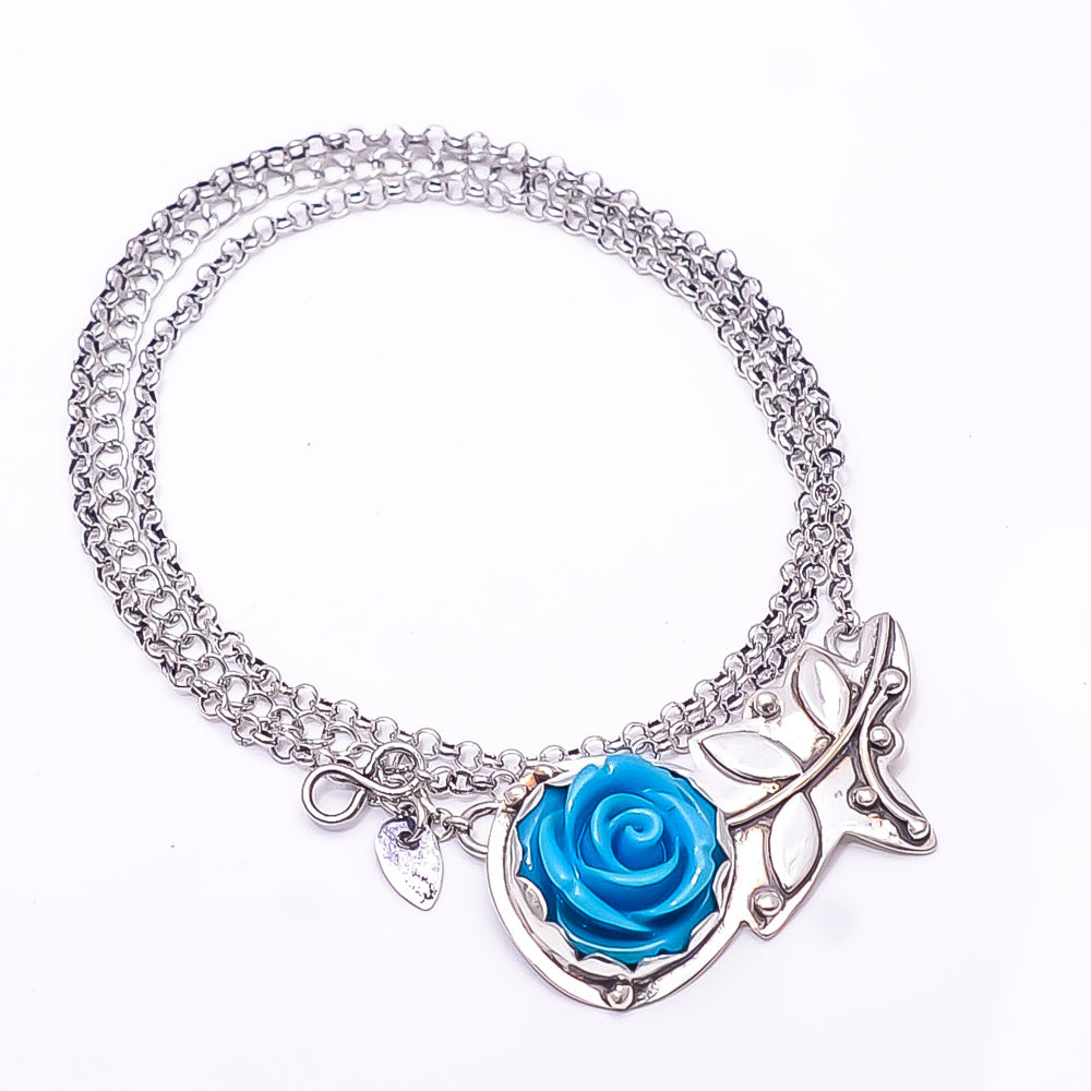CARVED SLEEPING BEAUTY TURQUOISE - SIMULATED FLOWER DESIGNER 925 STERLING SILVER CHAIN PANDENT 17-17.99" - CP_9440_212_30