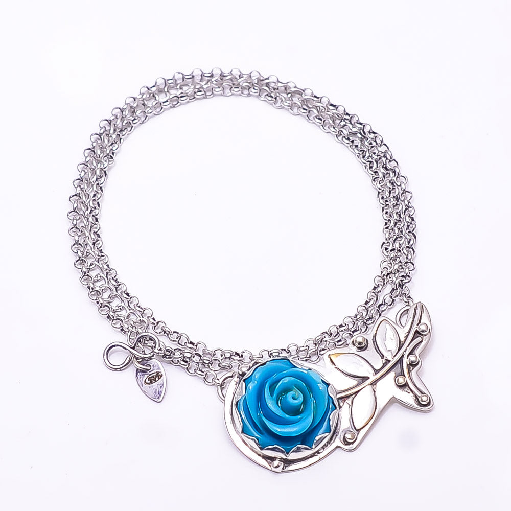 CARVED SLEEPING BEAUTY TURQUOISE - SIMULATED FLOWER DESIGNER 925 STERLING SILVER CHAIN PANDENT 17-17.99" - CP_9440_212_46