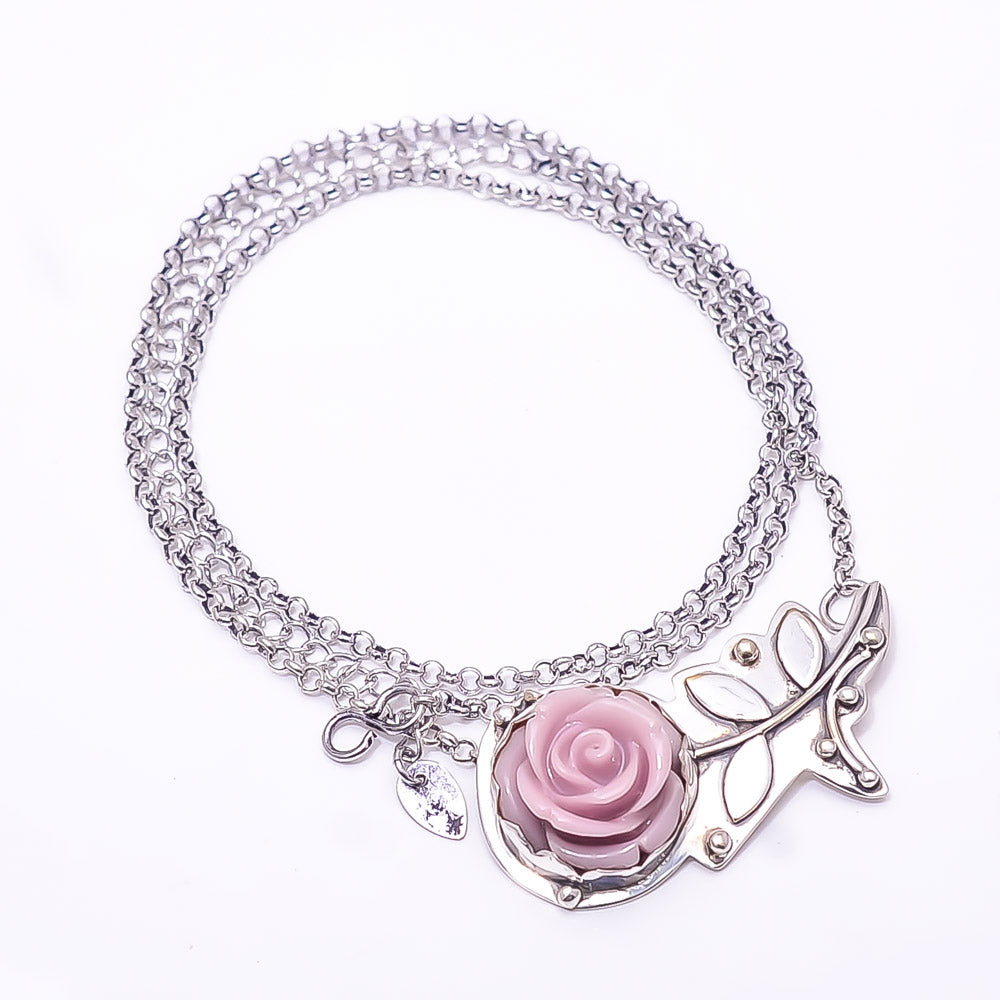 CARVED PINK OPAL - SIMULATED FLOWER DESIGNER 925 STERLING SILVER CHAIN PANDENT 17-17.99" - CP_9440_212_48