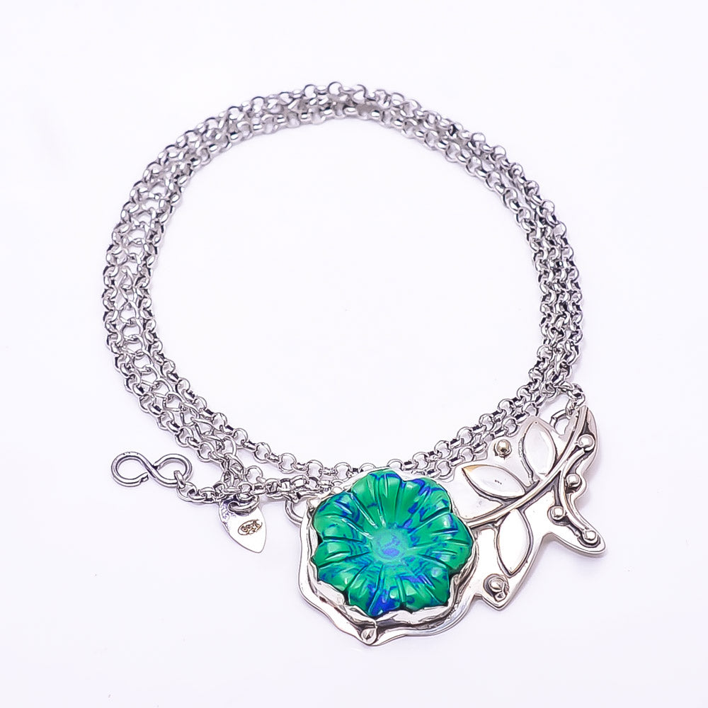 CARVED AZURITE MALACHITE  - SIMULATED FLOWER DESIGNER 925 STERLING SILVER CHAIN PANDENT 17-17.99" - CP_9440_212_50