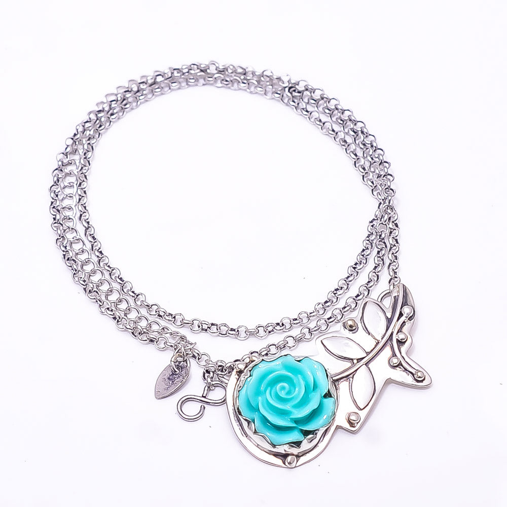 CARVED SLEEPING BEAUTY TURQUOISE - SIMULATED FLOWER DESIGNER 925 STERLING SILVER CHAIN PANDENT 17-17.99" - CP_9440_212_56