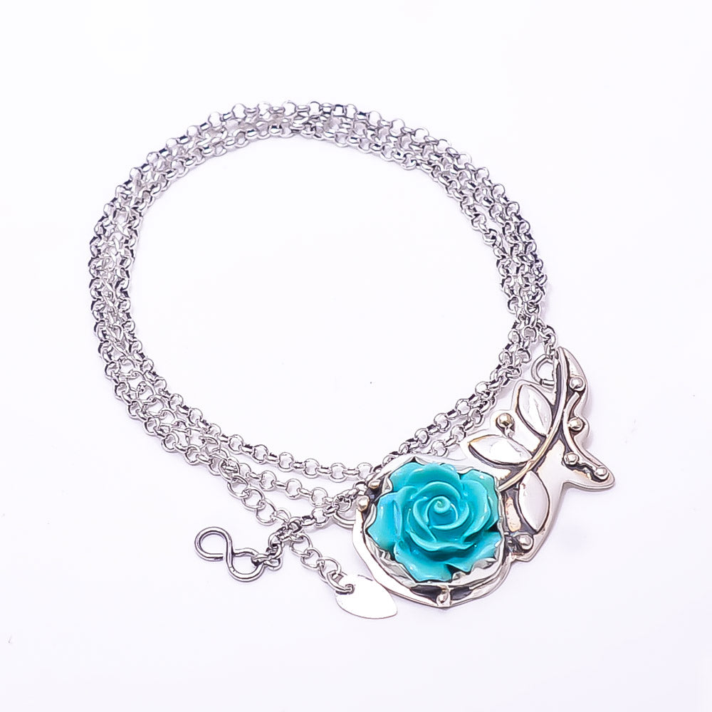 CARVED - SLEEPING BEAUTY TURQUOISE - SIMULATED FLOWER DESIGNER 925 STERLING SILVER CHAIN PANDENT 17-17.99" - CP_9440_212_6