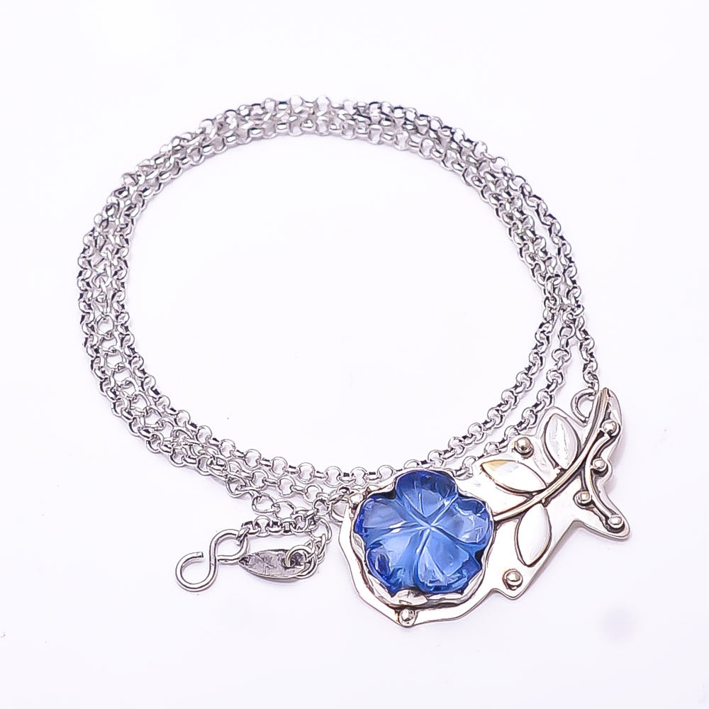 CARVED - TANZANITE - SIMULATED FLOWER DESIGNER 925 STERLING SILVER CHAIN PANDENT 17-17.99" - CP_9440_212_7